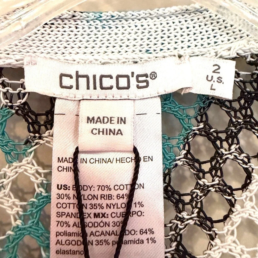 Chicos Palms‎ Mesh Cardigan Sweater Women's Large Teal Tropical Resortwear Boho - Picture 7 of 14